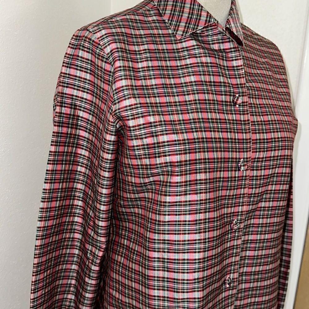 Limited 100% silk holiday red green plaid shirt top button up down small…